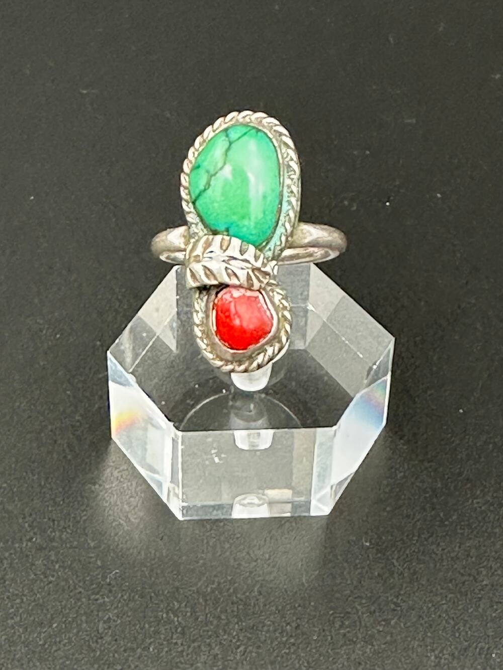 Vintage Navajo Style Silver Turquoise & Coral Two Stone Ring